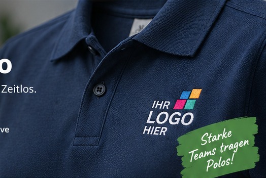 Nahaufnahme eines dunkelblauen Poloshirts mit gesticktem Firmenlogo