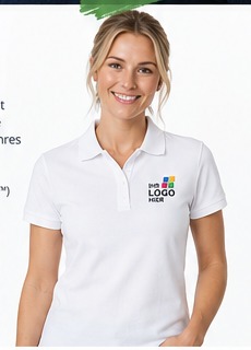 Dame in weißem MyPolo 180 mit besticktem Brustlogo