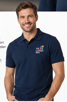 Herr in dunkelblauem MyPolo 180 mit besticktem Brustlogo